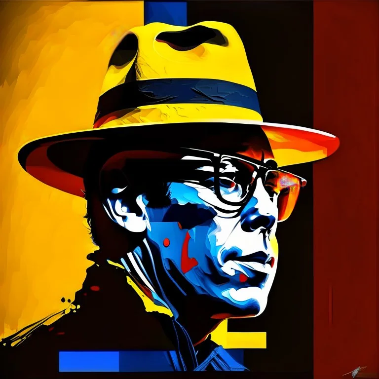 (Without glasses : 1.5) Gustavo Petro, comic style artwork, dark yellow, black, red and blue, with wide-brimmed hat, with white shirt, calm,