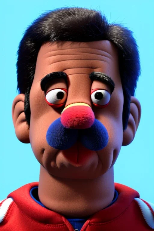 Waist up muppet Portrait, Nicolas maduro us muppet doll, Venezuelan president, tracksuit red blue and yellow, mustache, photo studio, red background, unreal engine 5, concept art, art station, ray tracing, lumen lighting, ultra detail, volumetric lighting, 3d.