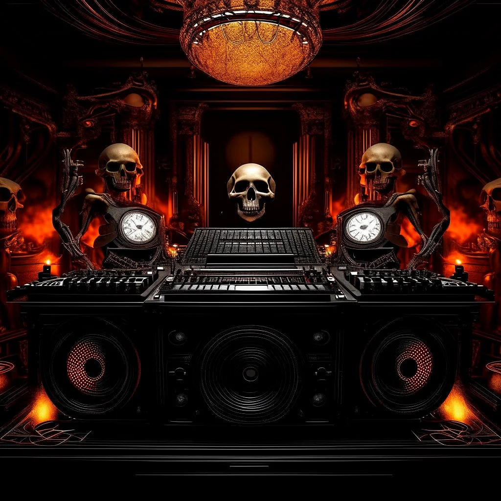 DJ of the damnded, insanely detailed DJ booth in hell, MID set, speakers and equipment made of bone, anatomically correct, add more skulls in th audience, photorealism, vray, 8k 3d