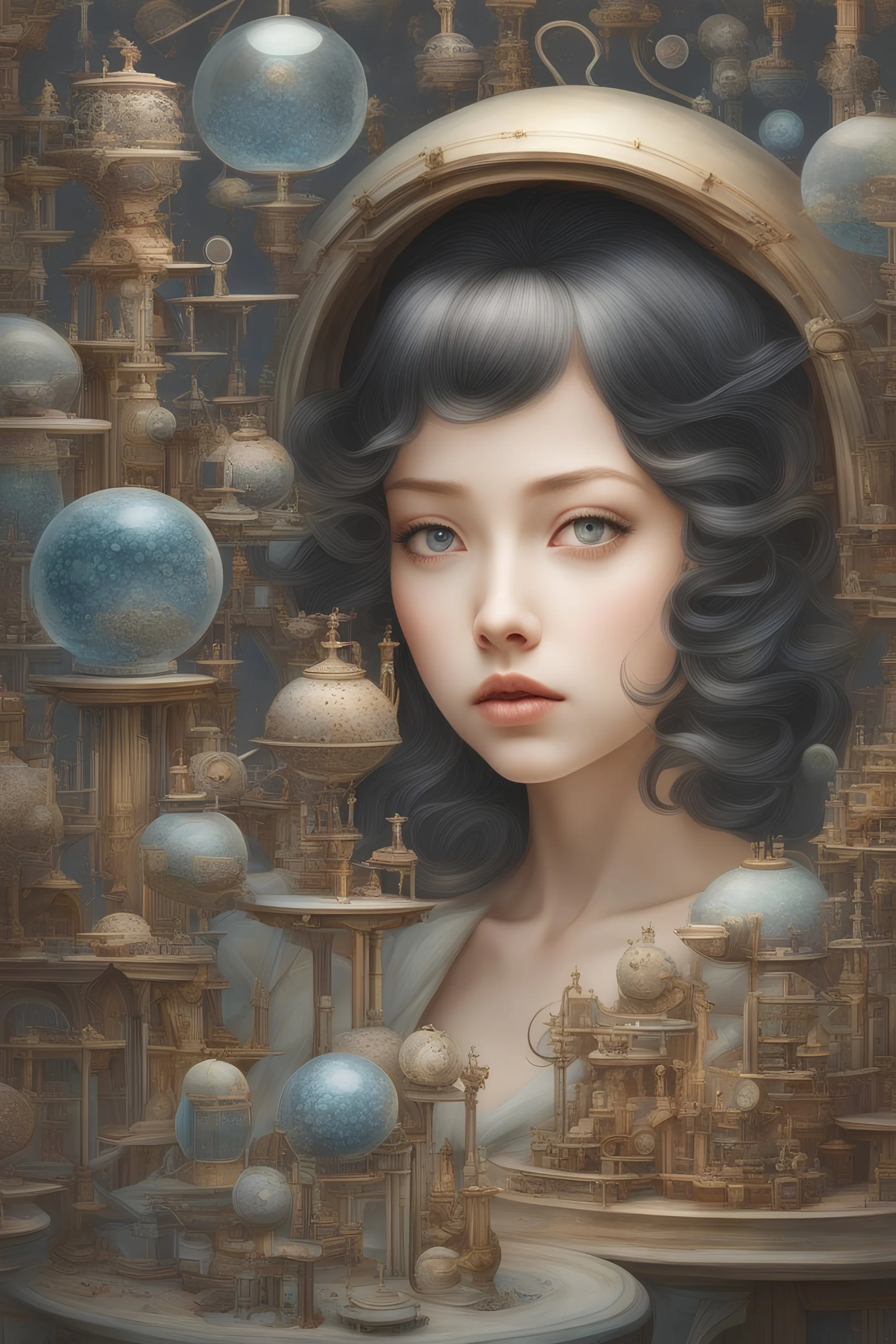 Miki Katoh, Erna Rosenstein, surreal, mysterious, strange, fantastical, fantasy, Sci-fi fantasy, anime, Diatom Art Museum, small, small, world of glass, beautiful girl behind the microscope, perfect voluminous body. Detailed masterpiece