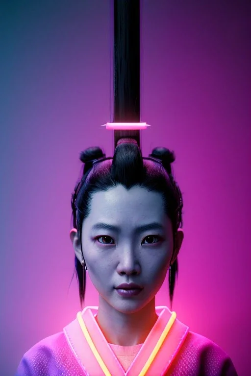 portrait, Asian woman samurai warrior :: symmetry photography, cyberpunk style, pink hair, black samurai army, katana, japanese traditional ornaments, pink, white, black, led wires, glow eyes, cinematic, Ultra realistic, dark scene, soft color, highly detailed, unreal engine 5, RTX, ultra detail, 3d, finely drawn, high definition.