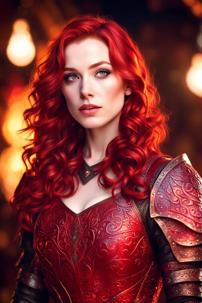 detailed eyes, pale skin, carefree attitude, female gorgeous, red wavy shoulder length hair, detailed glowing magical pattern leather clothing, glowing ruby implanted on armor, 8k, high detail, tavern stage background, singing, medieval, looking at viewer, front facing