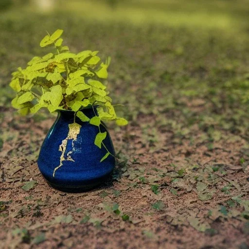 artistic photo of a tiny cracked ceramic vase repaired with gold, kintsugi, garden setting, beautiful landscape photography, beautiful, vines and leaves, delicate, cinematic, high detail, beautiful composition, delicate arrangement, aesthetic, soft lighting, award winning photography, tender