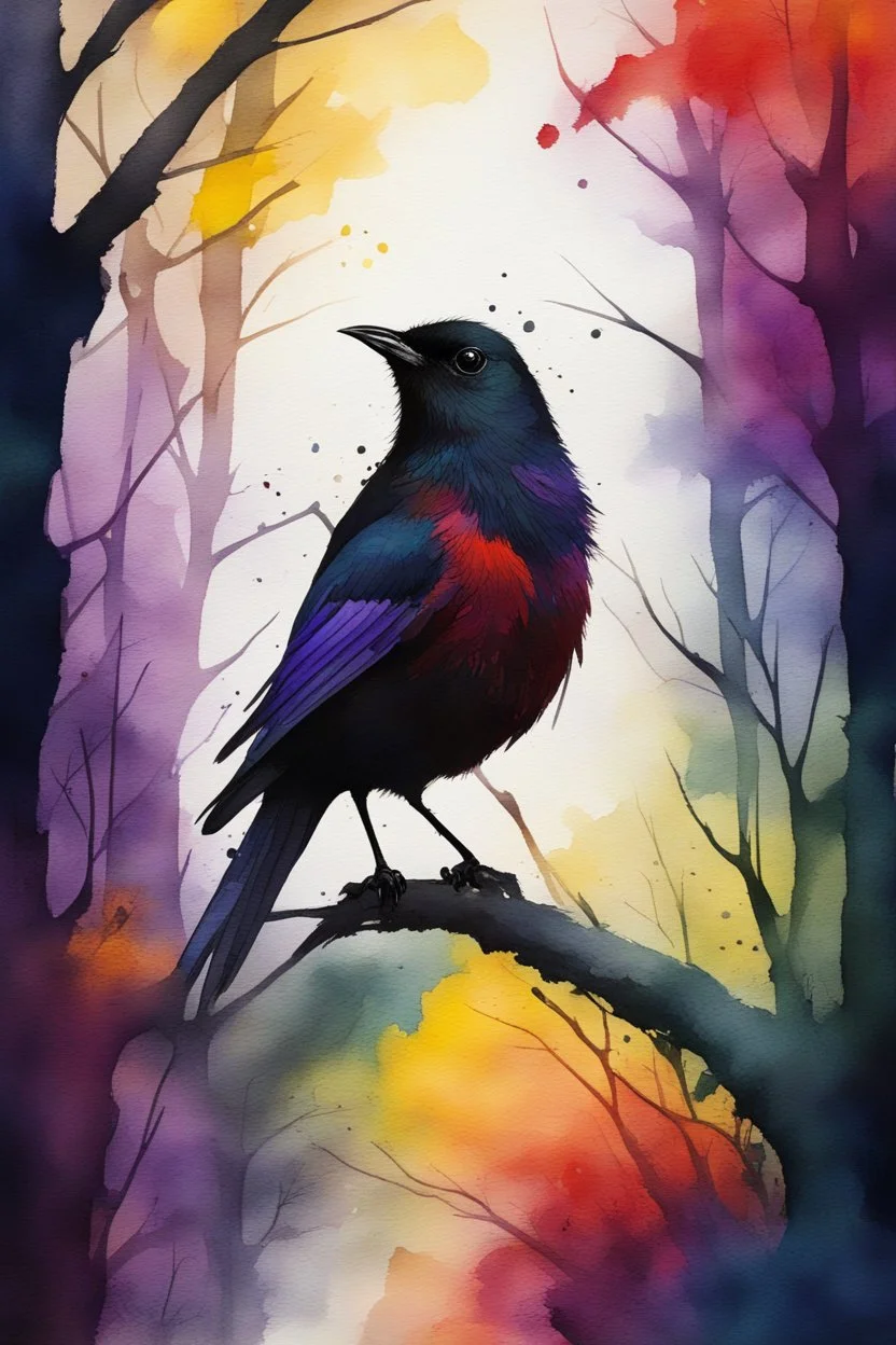 A beautiful colorful young black bird in dark red and purple and yellow trees and dark green and dark blue colors only, thin lines draw style , Busch painting style nightmare with sunshine in the middle, watercolors splash