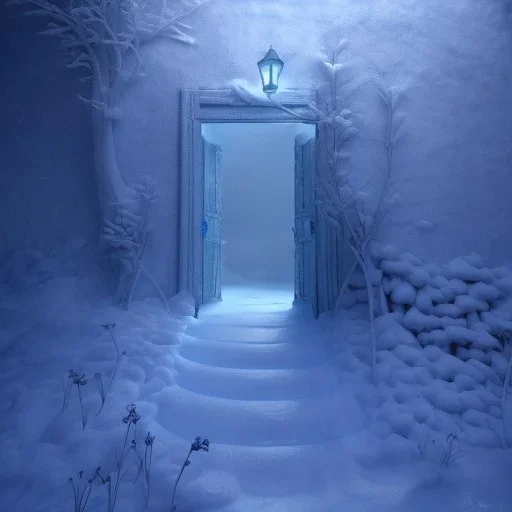 ethereal winter flowers, carved ice door at the end of ice steps, magical atmosphere, Beardsley, Unreal render, cinematic blue --aspect 9:16 --s 2500