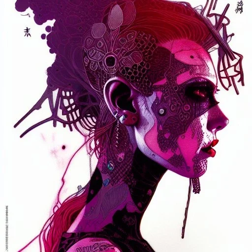 singer Danish MØ face, punk, hyper detailed, intricately detailed, illustration by <asaf hanuka> <kilian eng> <Yoji Shinkawa>, purple tones, darkred tones,