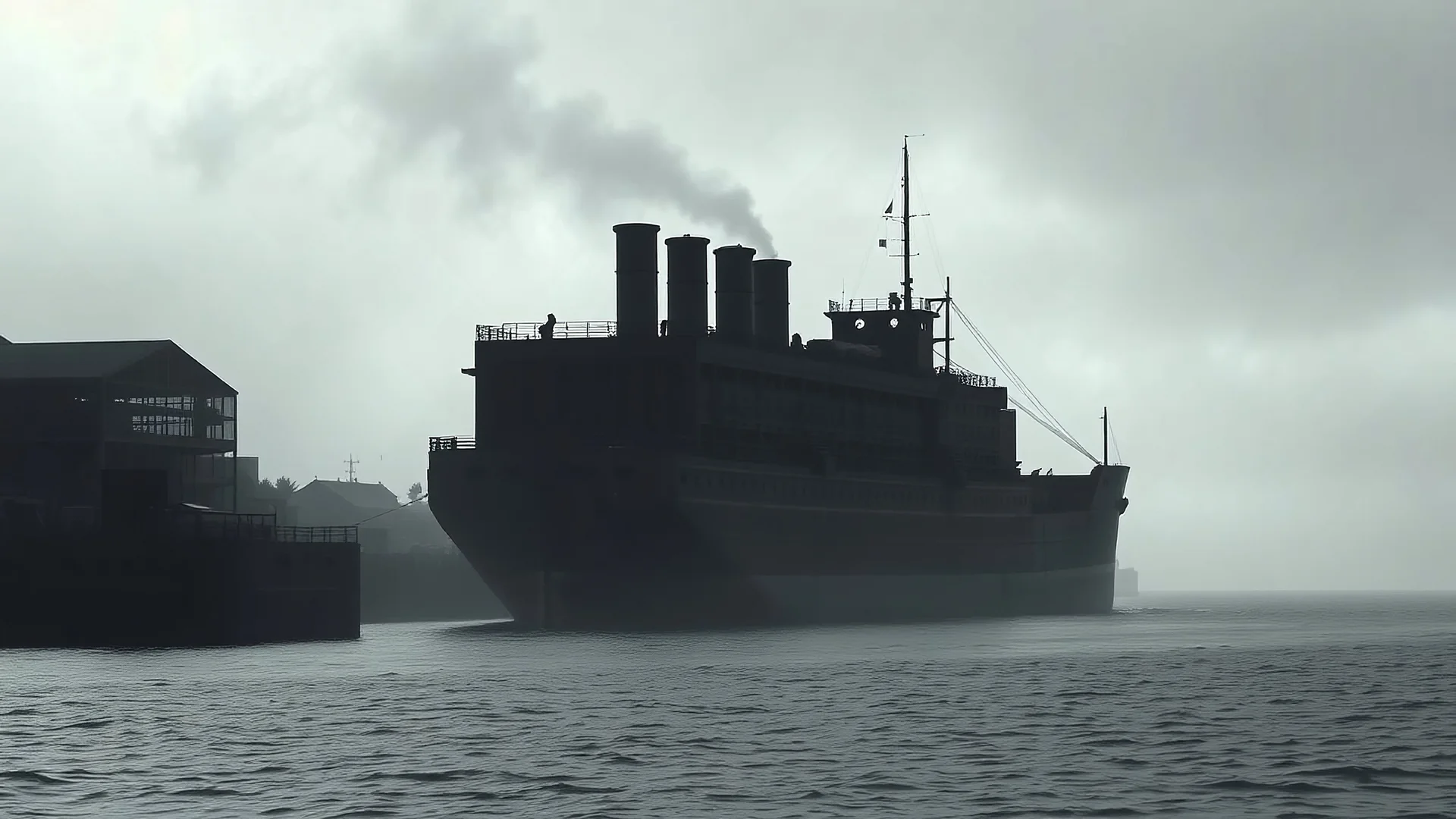 moody black and white silhouette of a large wooden Melbourne prison hulk barge from1850