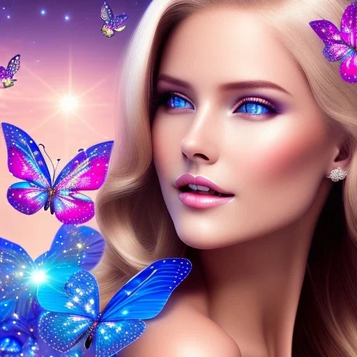 Full body Princess, sexy woman blondie, make up, beautiful smiling face,blue eyes, beautiful place,amazing, flowers, colors, blue and pink butterfly, realistic, photo real, stars night, detailed, high contrast, 8k high definition, unreal engine 5, extremely sharp detail, light effect, light background