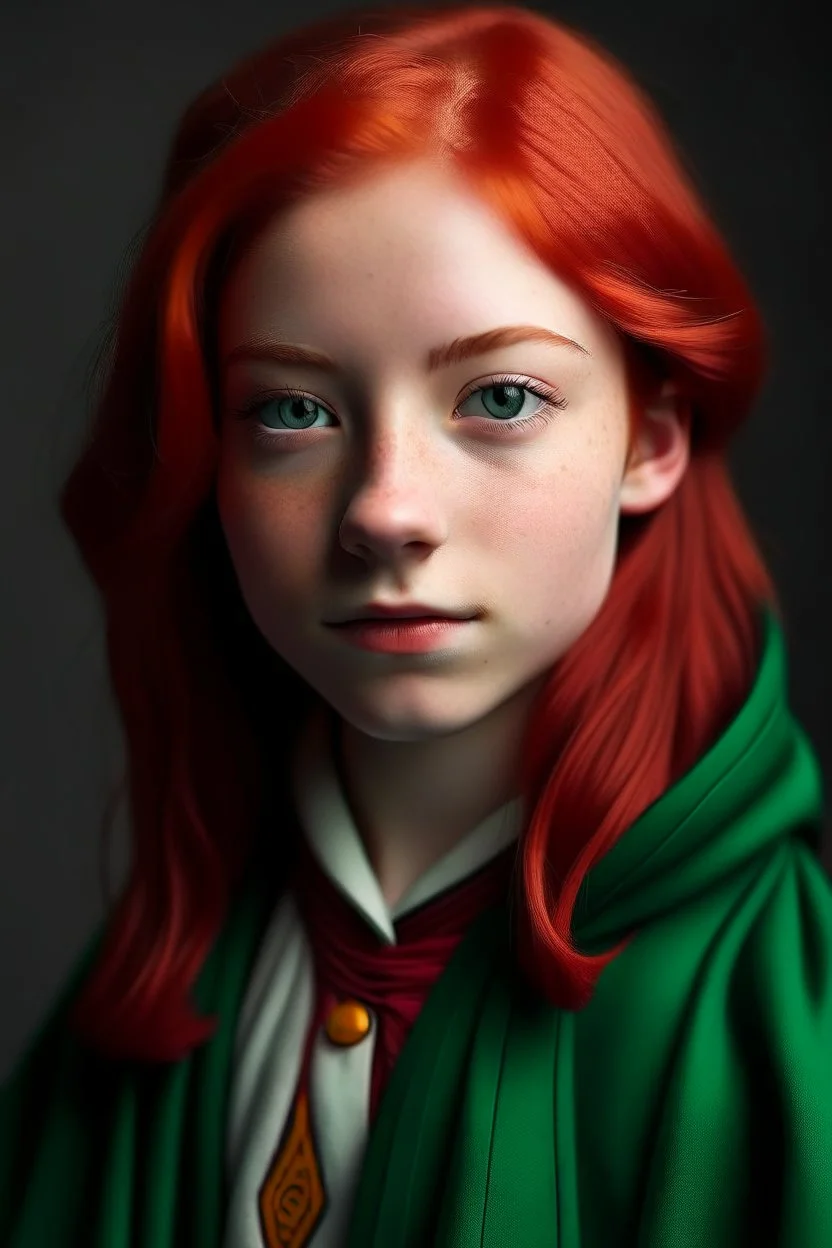 A girl with red hair and green eyes and she is wearing a Hogwarts robe