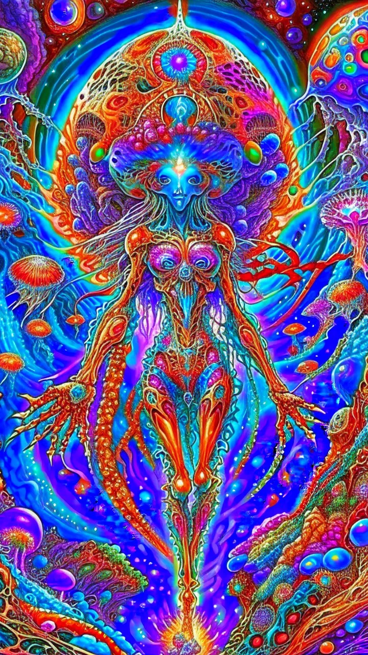 beautiful .bones. A jellyfish Cosmic robot developed .Fantasy, perfect anatomy, Coral trees, alien fruits ..fantasy, vibrant digital art professional award winning masterpiece, oil on canvas Atmospheric extremely detailed Josephine Wall