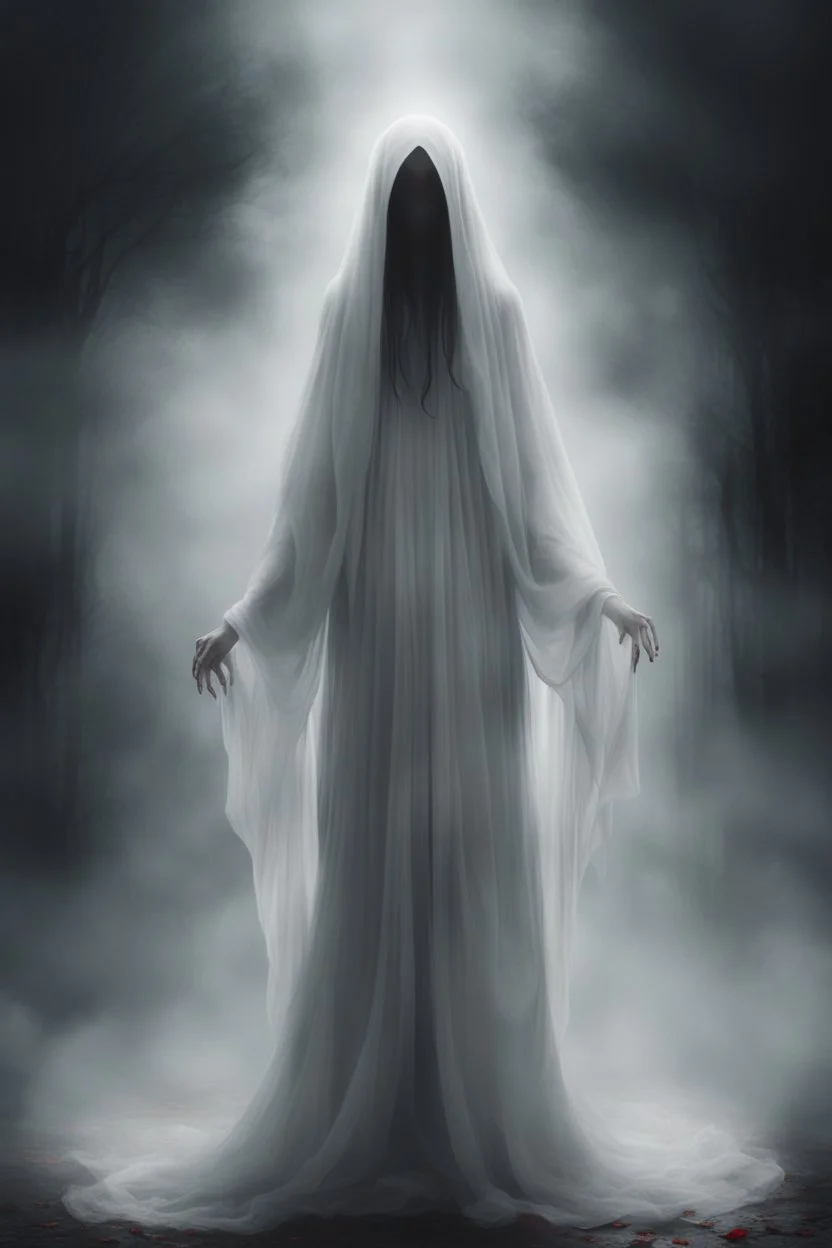 In a place filled with fog, there is an entity wearing long white clothes and wearing a white veil that hides its face, standing behind the ghost of a female with black hair that reaches her jaw, black eyes, and red lips, and wearing a black dress, and she is crying.