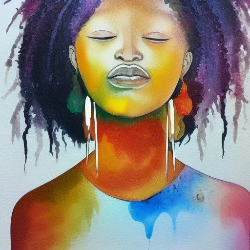 Oil and watercolour painting. Chakras. Sacred geometry. a brain exploding. kintsugi. Chaos. Portrait of a young black woman crying.a mind fracturing.confusion. Tears the colour of oil. Depression seeping out of her eyes nose and mouth like a oil spill