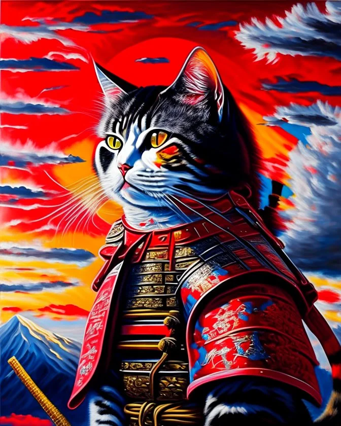 Gato Samurai cuerpo completo pintura al óleo arte pop hiperdetallado colores rojo blanco y negro cielo soleado 8k