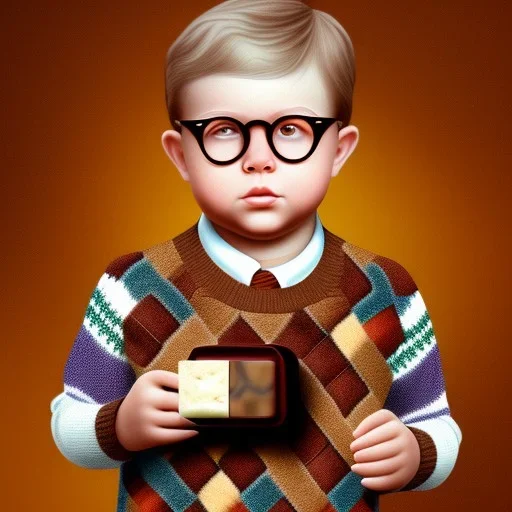 Peter billingsley chubby kid Tortoise-shell glasses, Holding a ((dark red soap bar)) in his hand, brown argyle sweater