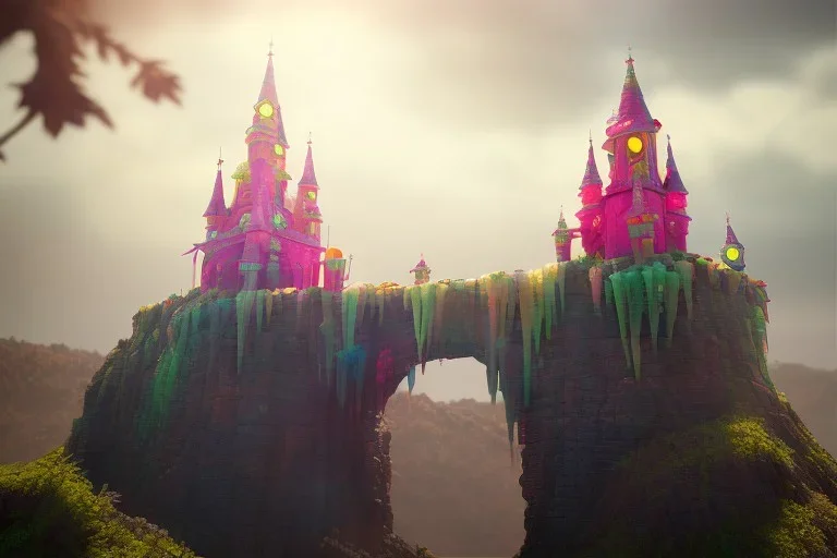 Colorful Gummyworm castle on a sunny summer day, high contrast, no fog