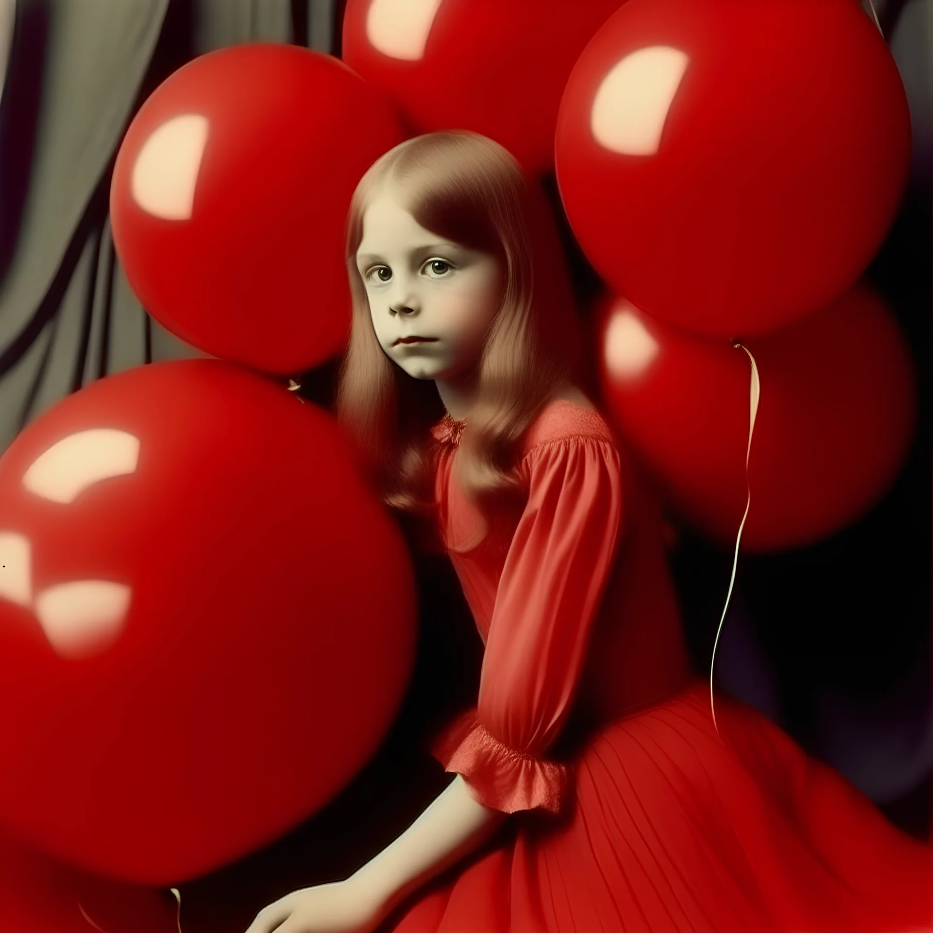 Autochrome, cute model child with long hair, in red, covered with balloons