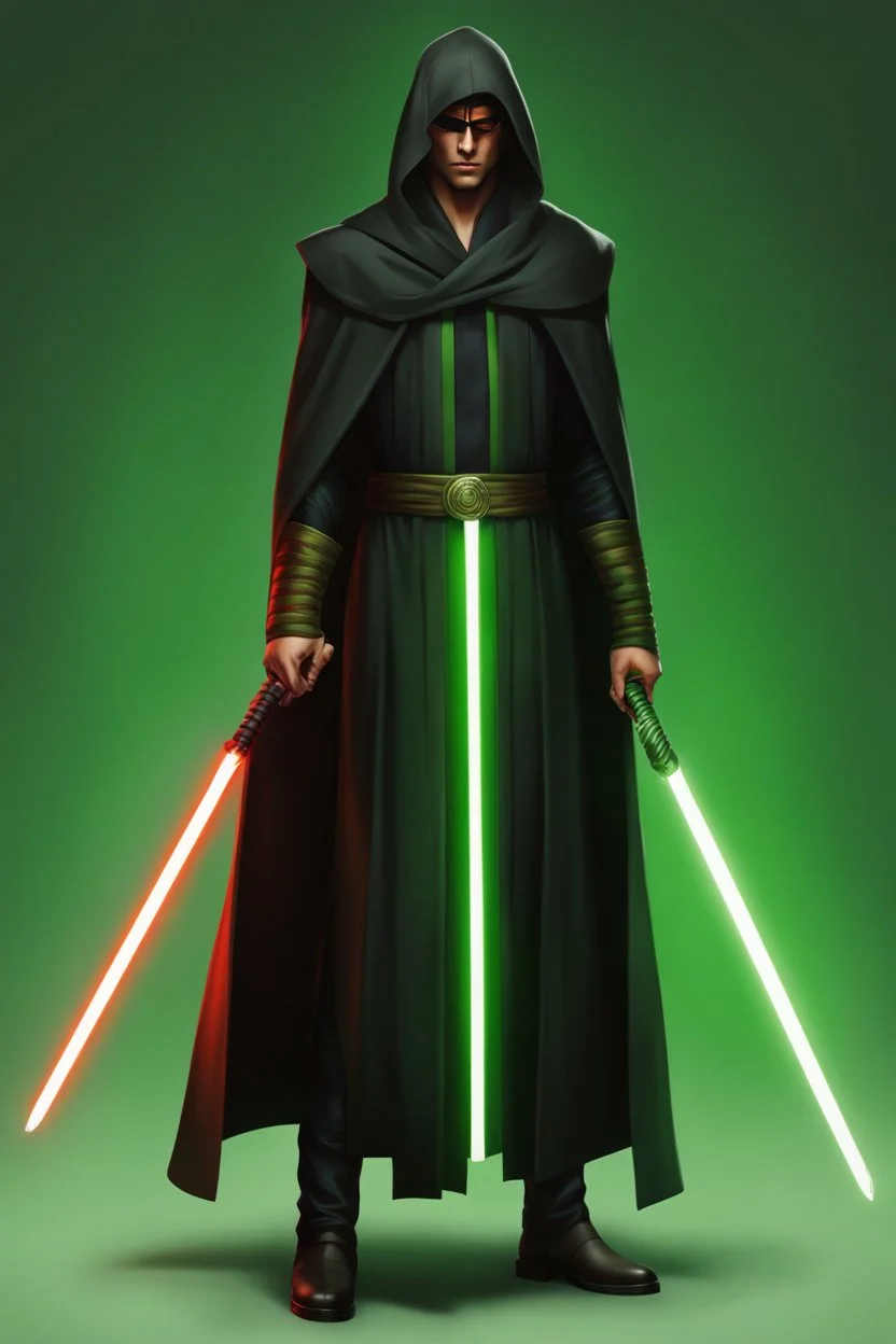 Full Body, Male Tan Human, Sith, Blindfold, Green and Black Robes, Handsome face, Black hair.