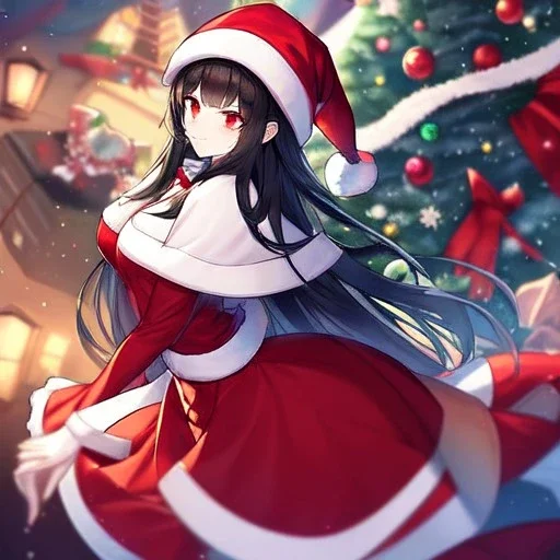 Clear focus, high resolution, black long fluffy hair, red eyes, wearing a chrimstas outfit, wearing a red short skirt, wearing a santa hat