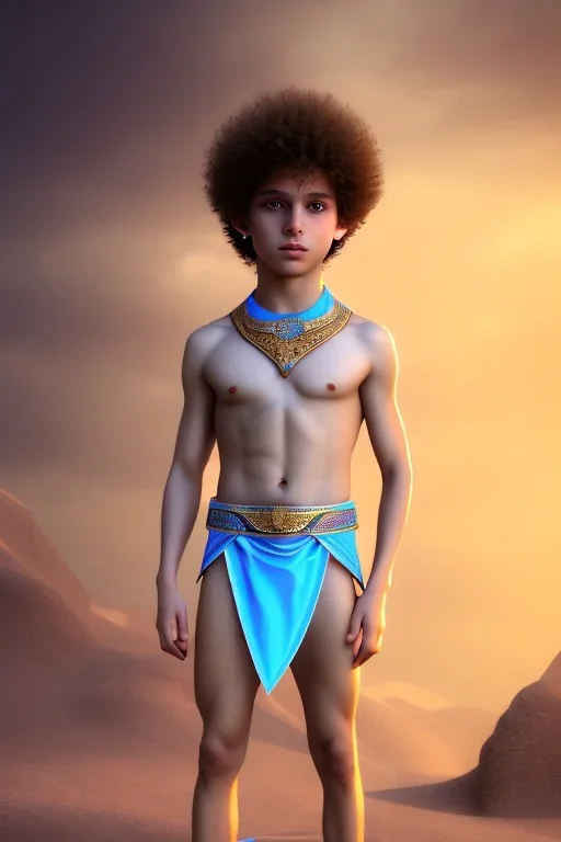 beautiful 12 year old arabic boy with curly hair and light blue eyes dressed in short loincloth