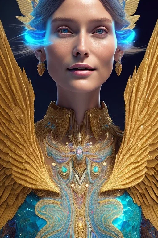 A portrait of a crystalline woman smiling, with wings, mythical,fantasy , magnificent, majestic, very happy, highly intricate, Realistic photography, incredibly detailed, ultra high resolution, 8k, complex 3d render, cinema 4d