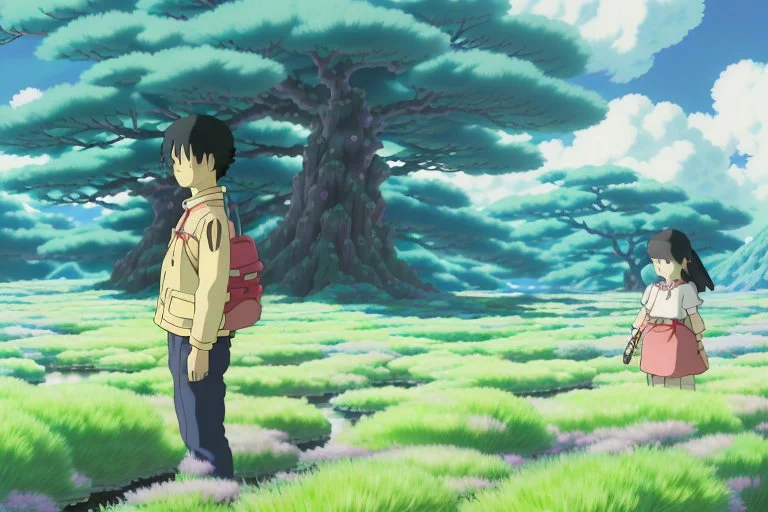 Yui and Toshi, now equipped with state-of-the-art respirators and high-tech survival gear, embark on their journey into the perilous mushroom forest. The forest is a surreal dreamscape of towering, alien trees with oversized leaves and luminescent, bulbous mushrooms whose soft glow bathes the entire scene in an eerie light. The air here shimmers with an array of unnatural colors, adding to the forest's hallucinogenic atmosphere.