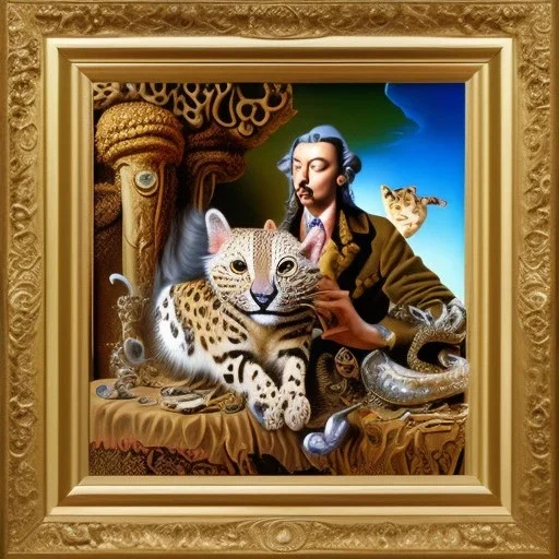 Salvador Dali with his pet ocelot Babou , hypperealism , surrealism , a masterpiece by salvador dali himself, outlandish painting , extreme painting , high definition , high detailed, vivid deep colours, complex ,oil on canvas ,