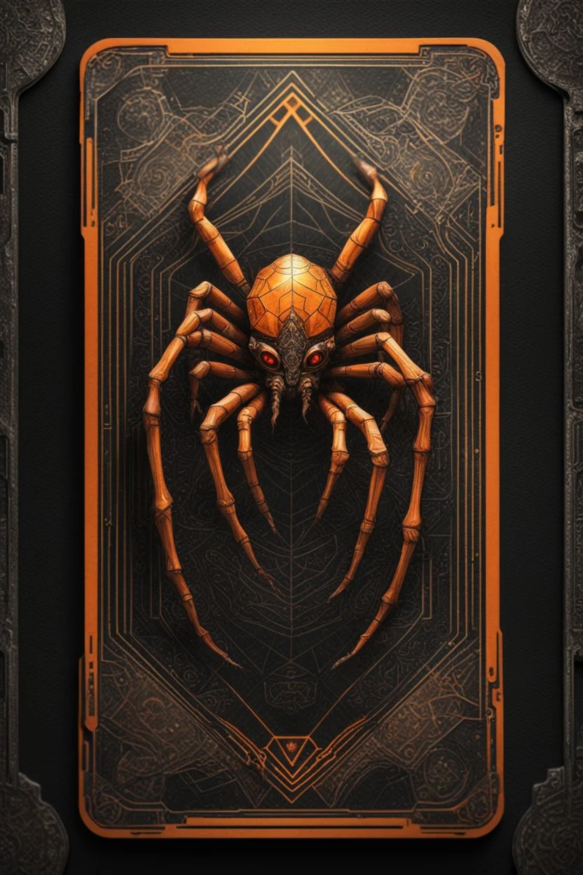 sacred geometry framed playing card, black and orange minotaur spider with shadows boss card in the style of Giger and fallout 4 ,,bokeh like f/0.8, tilt-shift lens 8k, high detail, smooth render, down-light, unreal engine