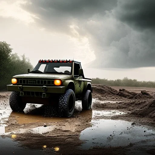 hyperrealistic shot, muddy military toy truck, monotone color palette, sharp focus, puddle reflection, tire mud splash, refraction, mist on the horizon, lightning, shadowcast, detailed and intricate, cinematic composition, micro, tilt shift photography