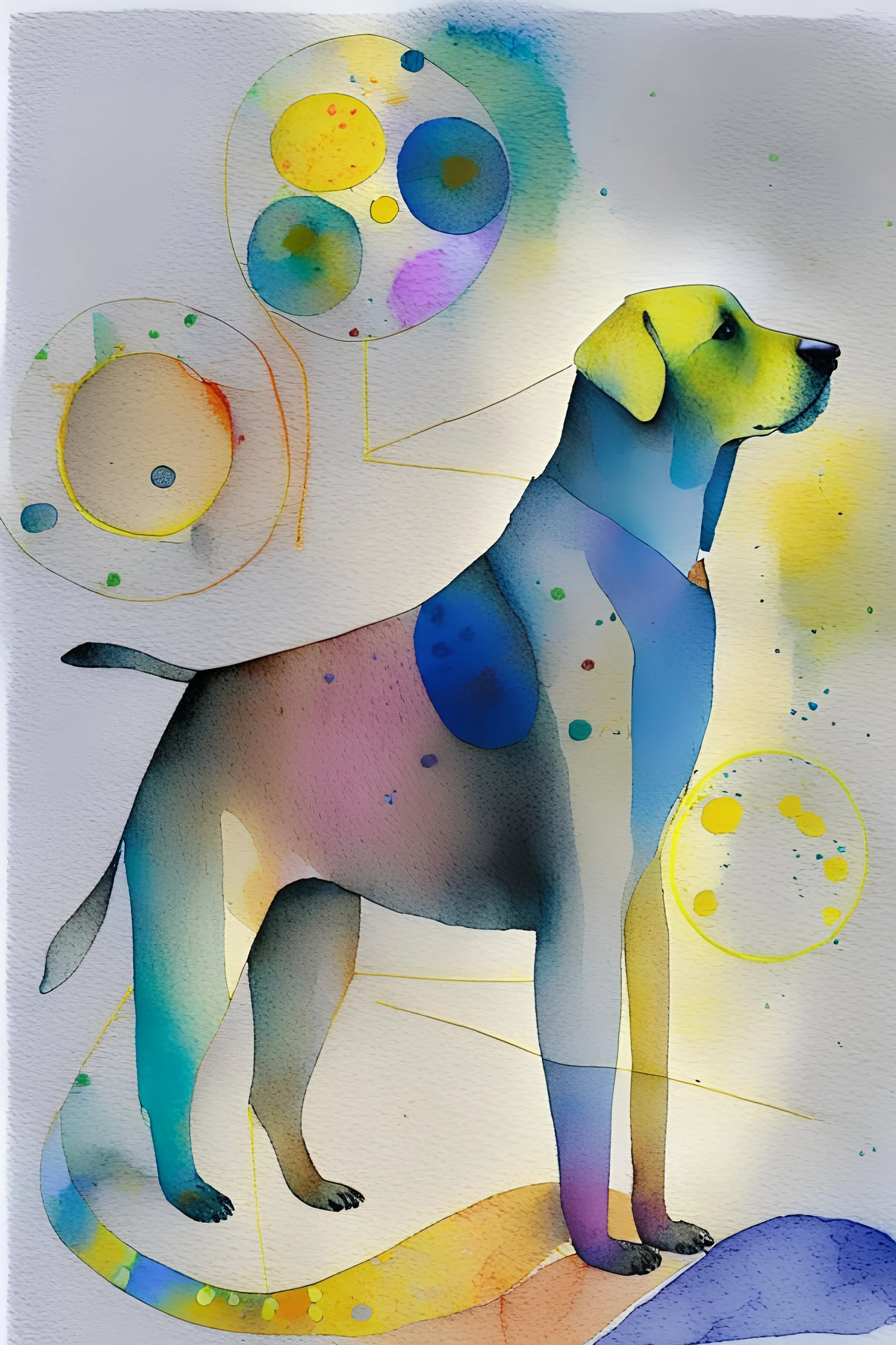 abstract watercolour of a Labrador dog in the style of paul klee with circles of colour and sketchy thin inky lines