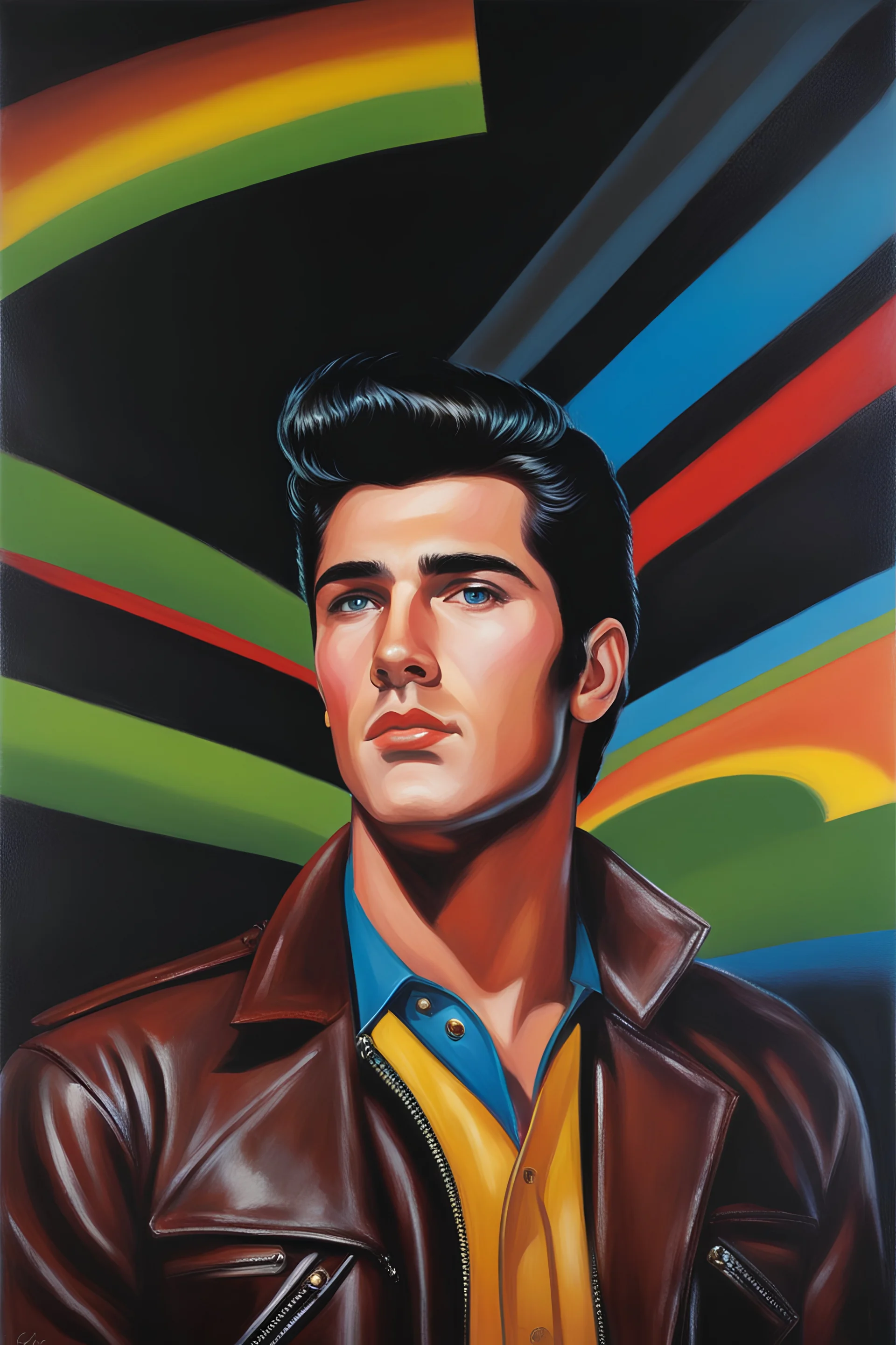 18-year-old Elvin P. Resley with crew-cut dark brown hair tapered on the sides, bangs over the forehead, goatee, bushy eyebrows, blue eyes, wearing a leather jacket - resembles Elvis Presley, pitch black background with an overhead spotlight effect, extremely colorful, oil painting by Gerald Brom