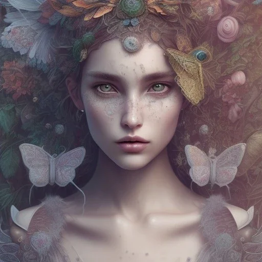 karlan, plant metal, feathers, Dryad, butterflies, nature, plants, flower background, face tattoo, intricate, oil on canvas, masterpiece, expert, insanely detailed, 4k resolution, cute big circular reflective eyes, cinematic smooth, intricate detail, soft smooth lighting, painted Renaissance style