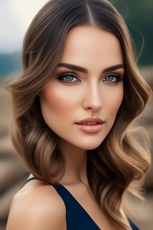 realistic, portrait and full body of a woman standing next to rocky river in country side, beautiful face with nice make up, sunlight, cinematic light, bangs, a beautiful woman, beautiful eyes, brown curved hair, perfect anatomy, very cute, princess eyes , (blue eyes) , nice sport shoes ,Centered image, stylized, life size,8k Resolution, low-cut dress with small blue details, human hands, wonder full, elegant, approaching perfection, dynamic, highly detailed, character sheet,