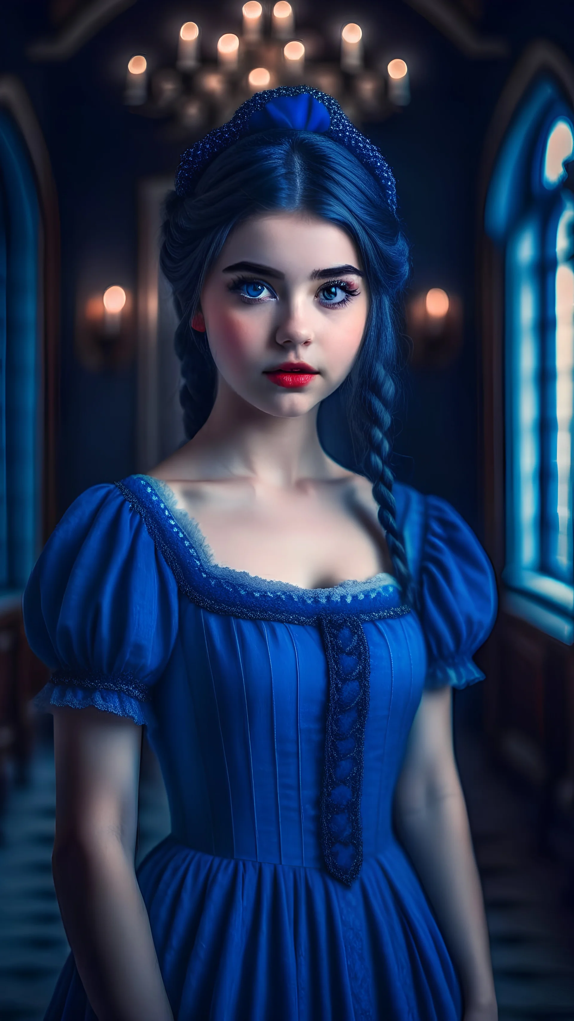 girl, teen, white skin, HDR, UHD, 8K, best quality, masterpiece, Cinematic Lightin, slender, cute style, Mashort eyebrows, blue eyes, devil pupils, parted lips, smile, swept bang, braid, very long black hair, light blue hair, stockings, high heels, tiara, long dress