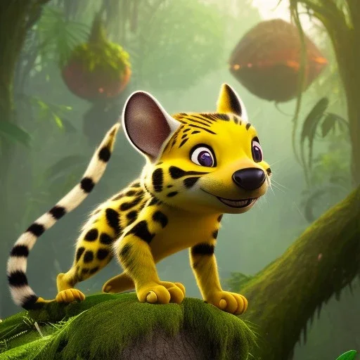 Marsupilami comic figure , photorealistic picture, unreal engine 5, lifelike, high detail intricate, jungle background, realistic proportions