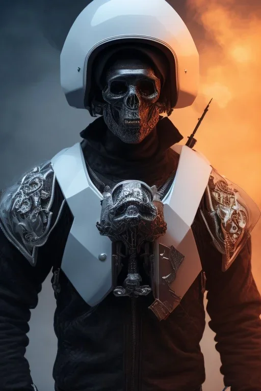 All black Russian soldier, high tech skull special forces helmet, velvet helmet, white smoke, dark, rage, sorrow, high definition, ultra 8 k, volumetric lighting, blue fire, fog