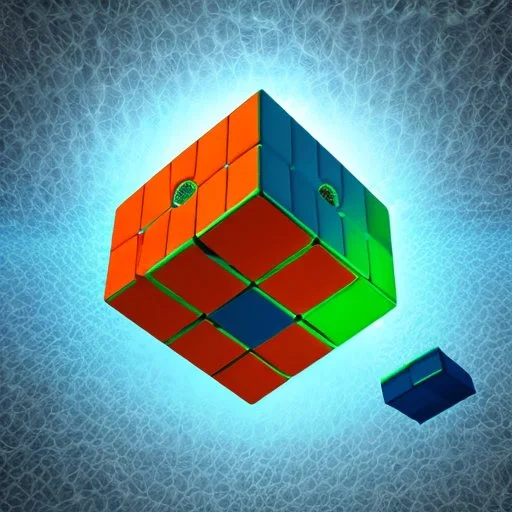 a blue metallic 4d cube inside a 4d orange rotating cube in a 4 dimension environment