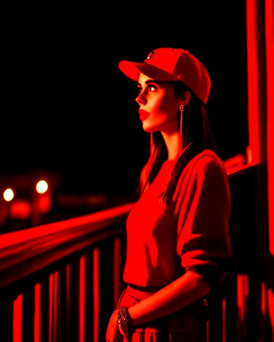 woman with a red baseball hat. leaning on a wooden balcony. night time. fantasy. medieval.