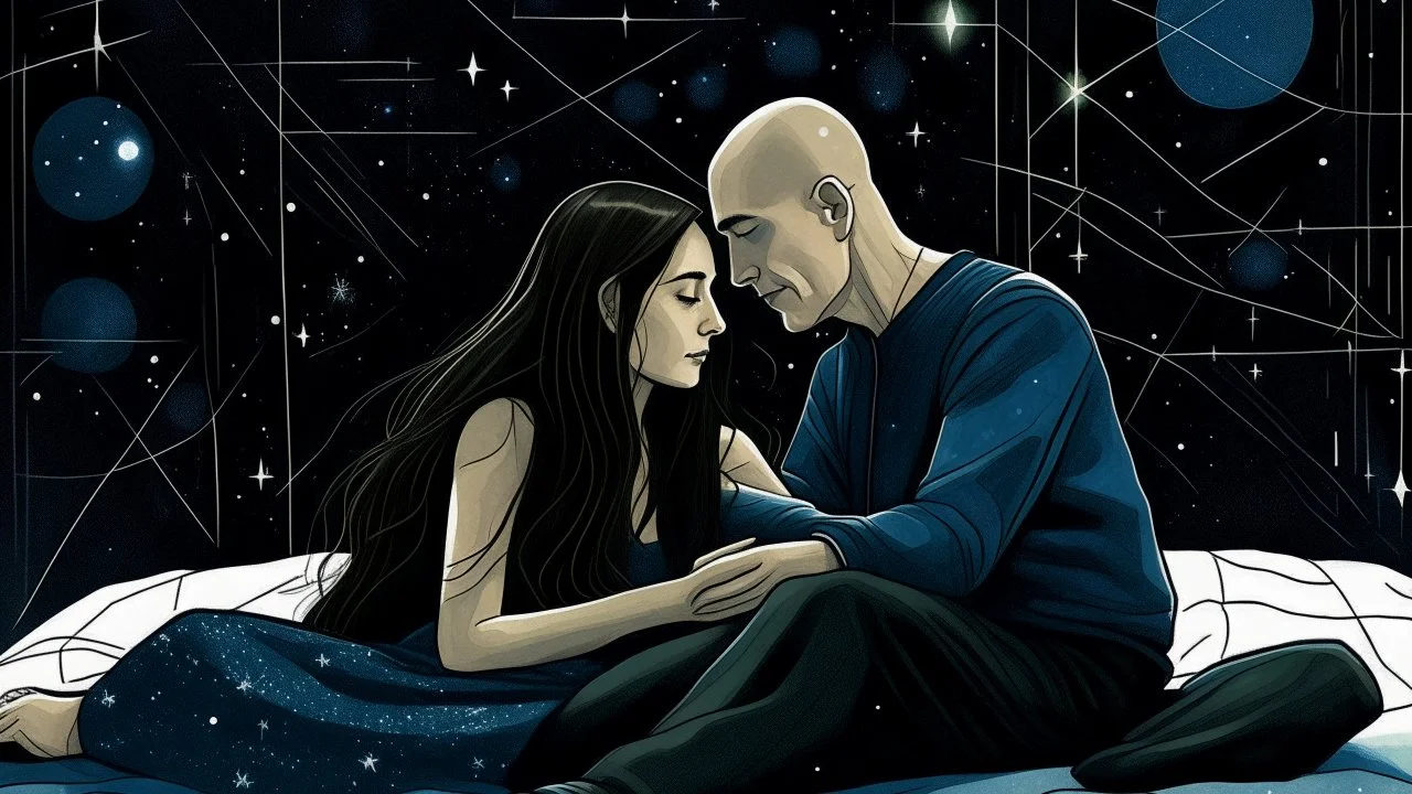 A woman with long hair is reclining on a black pillow, resting her head gently on a man's lap. The man, with a bald head, is seated and holds a small, dark blue object in his hands. They are situated on a grid-like surface, which is contrasted by a few scattered stars. Two tall, thin objects stand upright beside the man, possibly indicating a laboratory or experimental setting. The woman's pose and the man's actions suggest a moment of relaxation or contemplation.