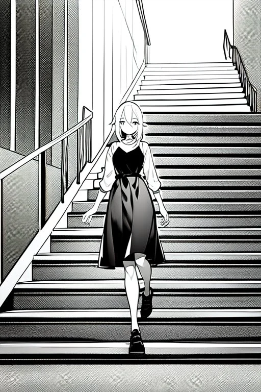 girl runs on the stairs, greyscale