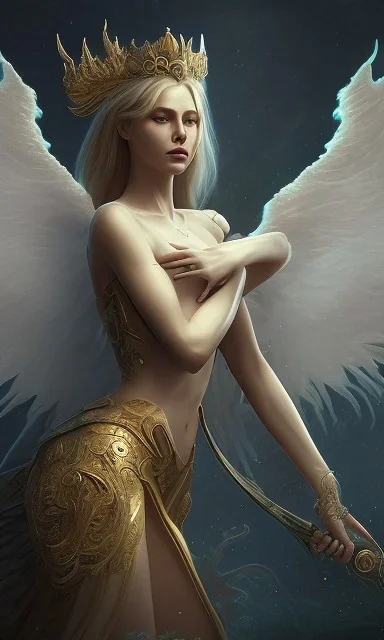 Female angel with beautiful perfect face big wings and golden crown floating above the ground in the dark enviroment, anatomically correct, michelangelo style, detailed, world of warcraft style, dark forest, trees, painting, brush strokes, 8k, dark forest in the background, epic scene, epic painting