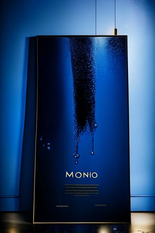 create a high quality minimal poster for mono product reveal photo with nice photography techniques from a brass Coupling wall elbow fitting , dark semi blue background, a dreamy blurred bokeh background with excellent warm lighting, on a luxury scenes in a studio splash clear water , on a pice of velvet