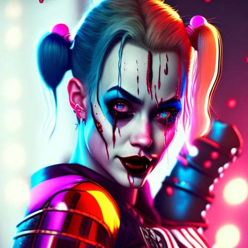 Harley Quinn, violent, high delicate defined details, beautiful, atmospheric, rain, matte, 3 d 8 k octane rendered, sharp focus, illustration, high detail, ultra realistic, highly saturated colors