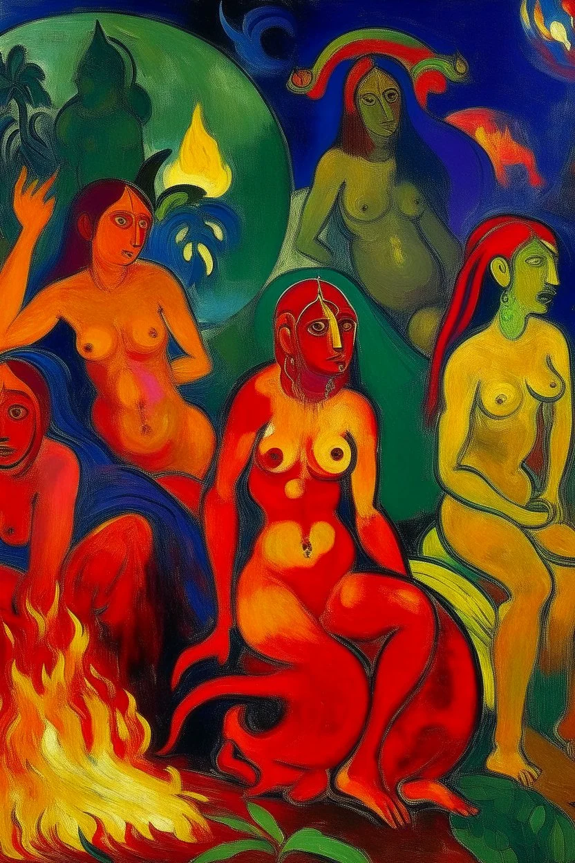 A violet red fiery demonic realm with ghosts painted by Paul Gauguin