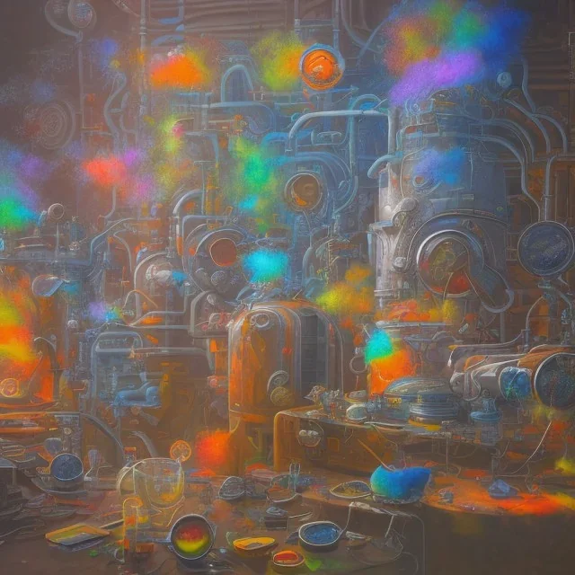 group of scientists is in the laboratory. invent new colors. smoke rises from multi-colored glassware. they are wearing overalls. color swatches in the background. hyperdetailed, orange and teal, warm colors, detailed painting, photorelistic, oil on canvas, light dust, futuristic. volumetric lighting