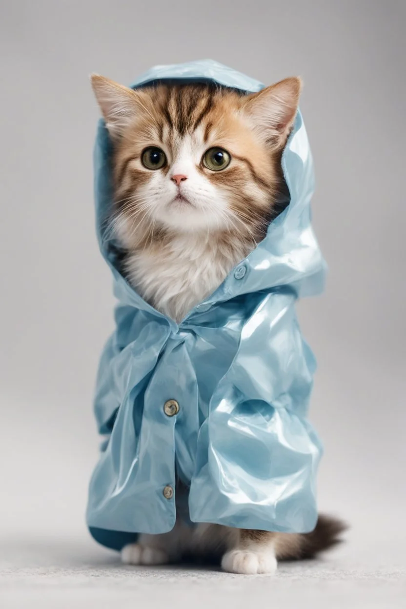 baby cat in raincoat. Chibi, Photograph, Canon DSLR, Tilt - shift, white background, high definition, Complete and coordinated composition, 8k
