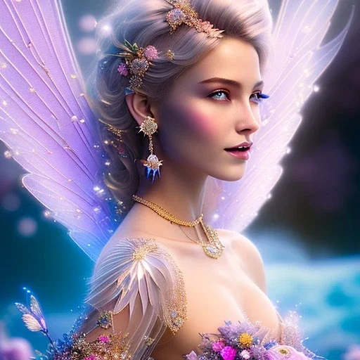 enlighten, light pink pink colors, beautiful woman of happy smiling blond bright fairy with wings, crystals, blue silk dress, blue sky, flowers landscape all colors , water river . 8 K, fantasy