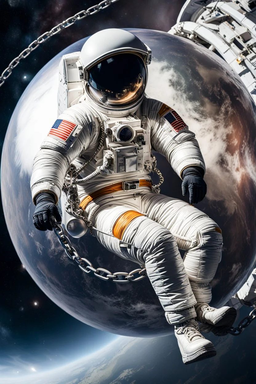 close side view of An astronaut sitting on a large steel ball.floating in the air, wide legs, holding on to the chain