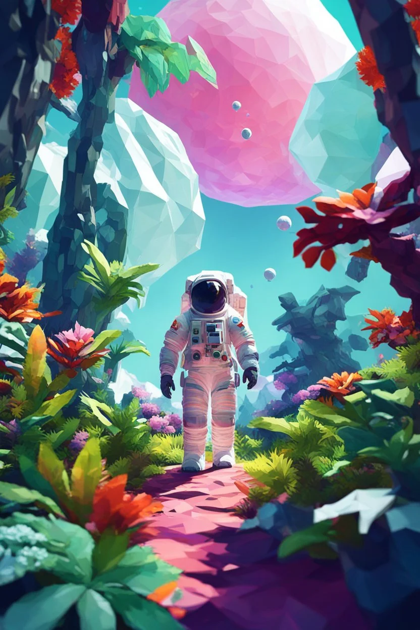 (((close midshot))), (((low poly art:2))), (astronaut), ultra detailed illustration of an environment on a dangerous:1.2 exotic planet with plants and wild (animals:1.5), (vast open world), astroneer inspired, highest quality, no lines, no outlines candid photography. by Lekrot