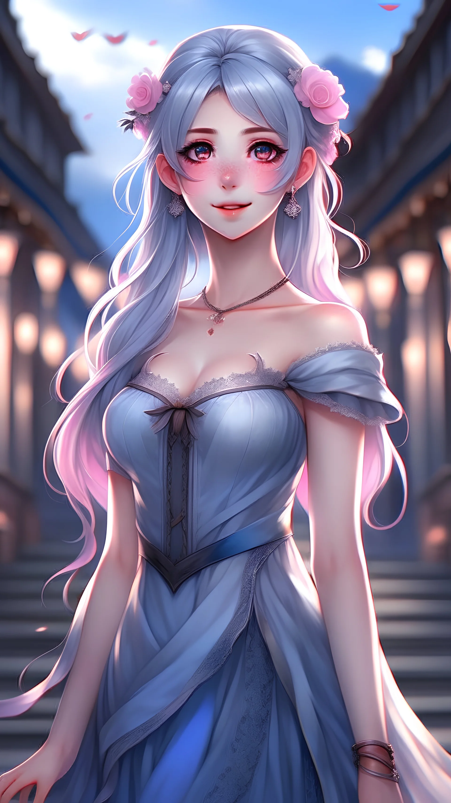 1 girl, teen, white skin, HDR, UHD, 8K, best quality, masterpiece, Cinematic Lightin, slender, fashion style, Mashort eyebrows, pink eyes, devil pupils, parted lips, smile, swept bang, braid, very long hair, light blue hair, stockings, high heels, tiara, long dress