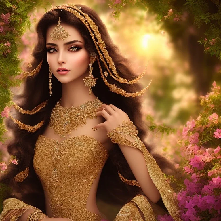 arabian fairy, beautiful portrait, flowery landscape